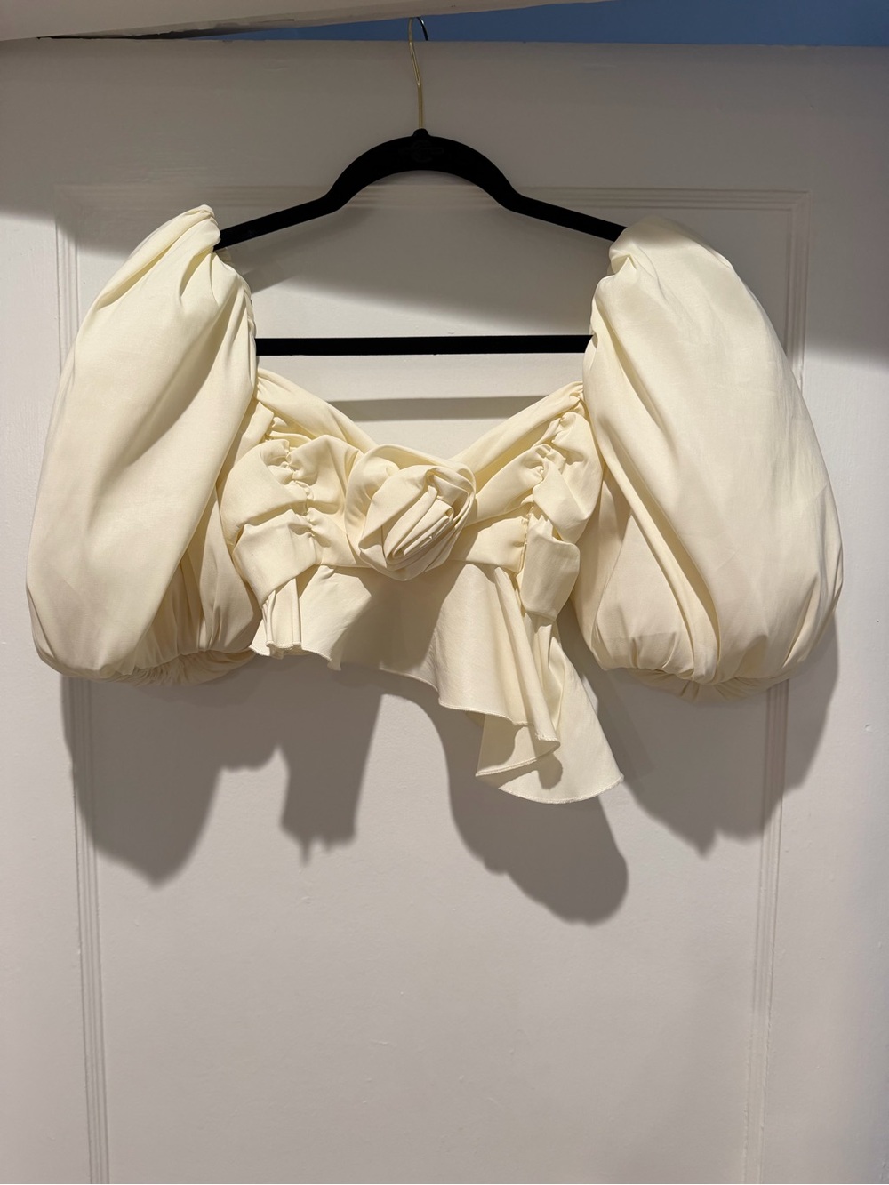 For Love & Lemons Cream Puff-Sleeve Crop Top with Front Tie